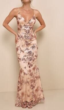 Lulu's Shine Language Rose Gold Sequin Mermaid Maxi Dress XS NWT Formal